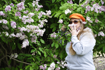 Karen Duquette smells her favorite flower, the lilac